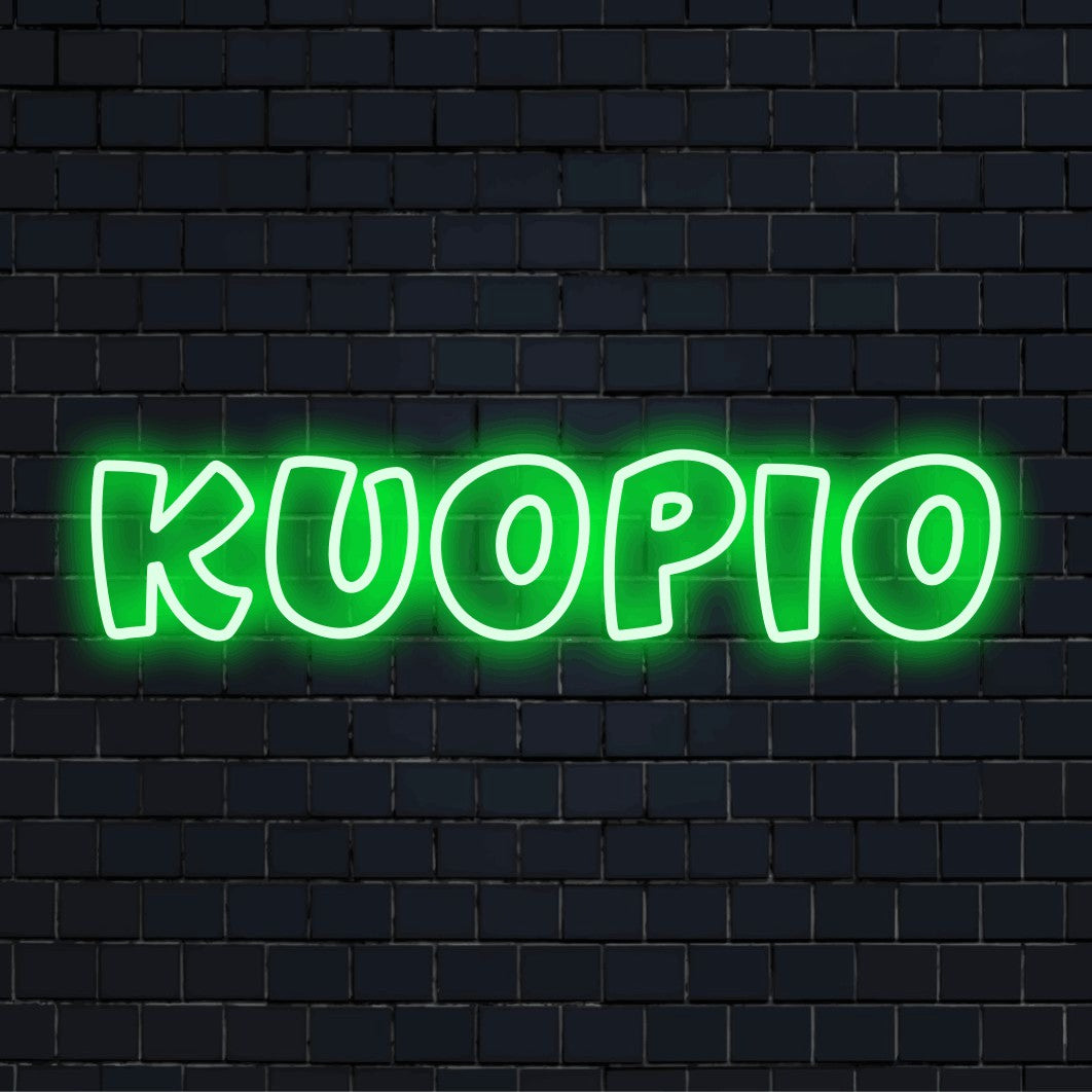 Kuopio Neon Sign, bright LED glow against black brick wall
