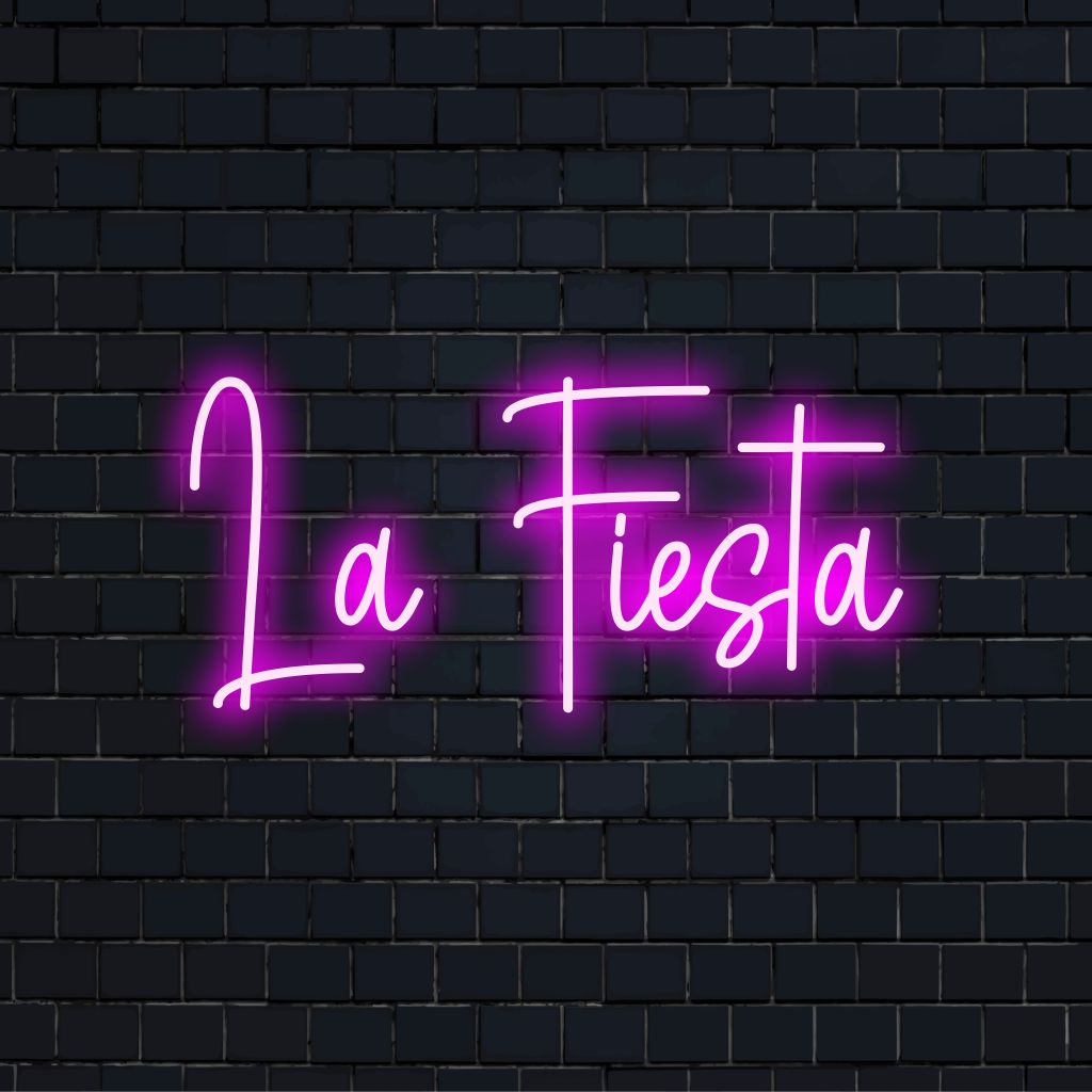 La Fiesta Neon Light with bright neon glow against black brick wall