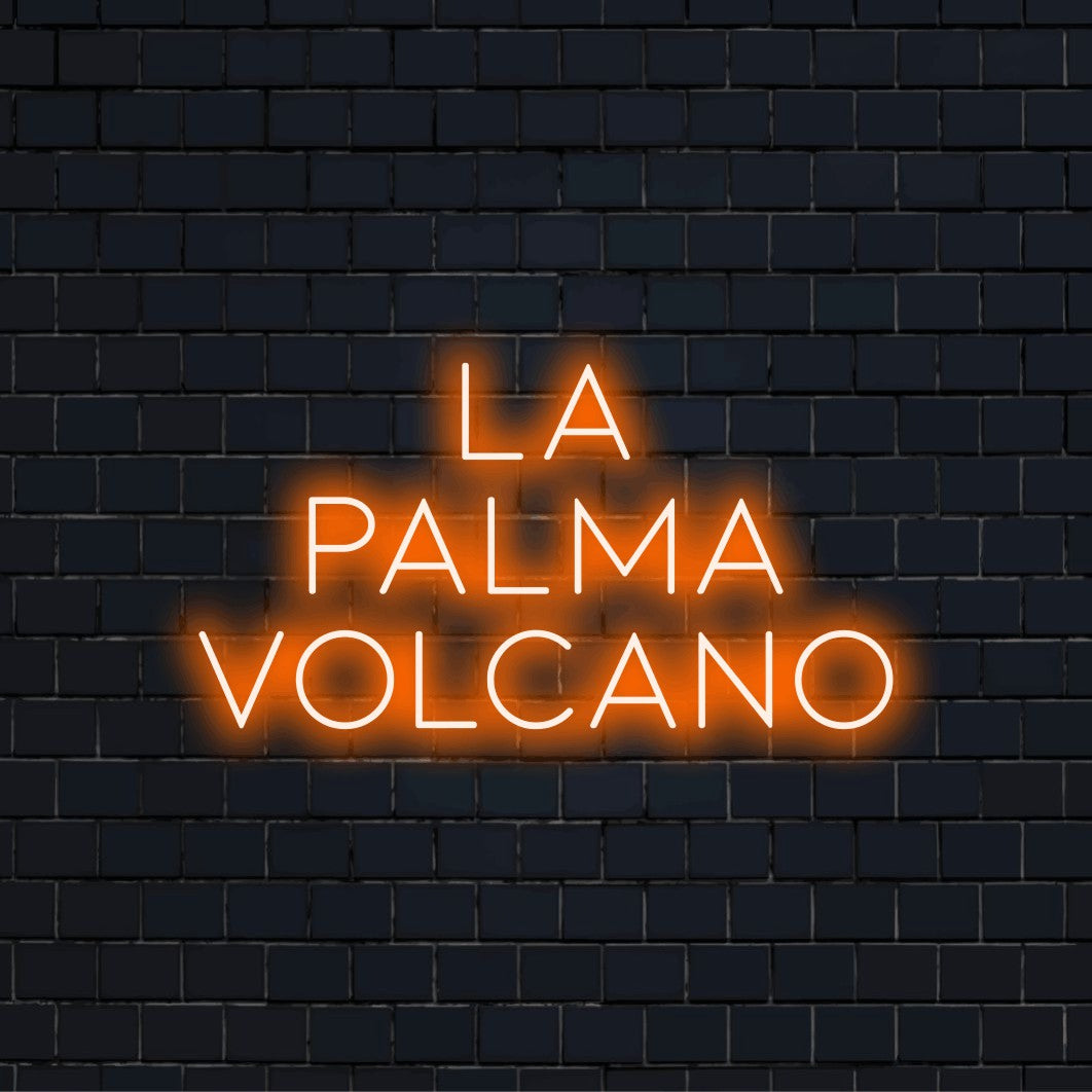 La Palma Volcano Neon Sign, neon text light on dark brick background