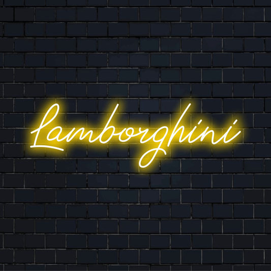 Lamborghini Neon Sign, bright neon lettering on black brick background