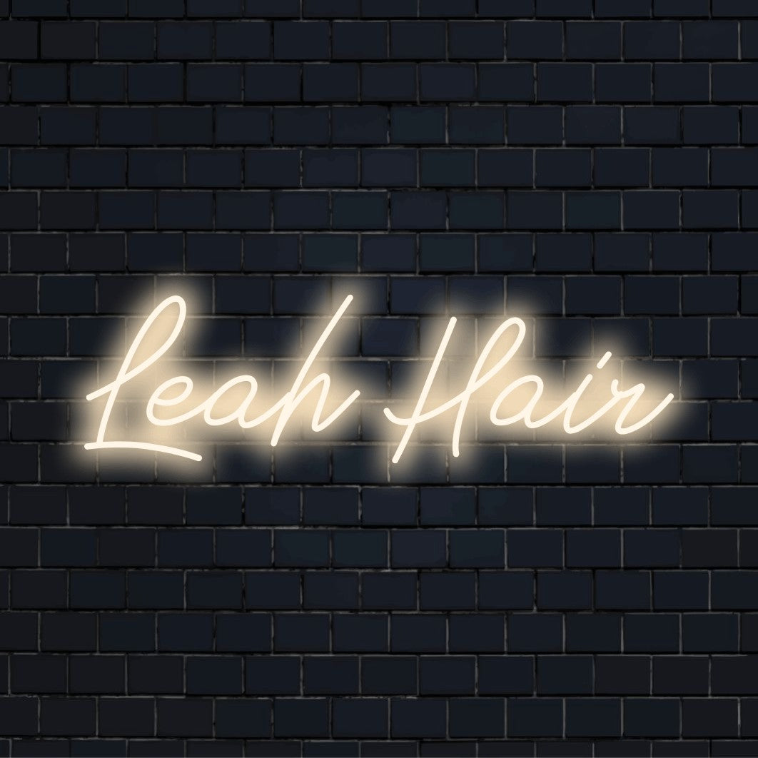 Leah Hair Personalized LED Neon Sign, soft neon glow on dark brick wall