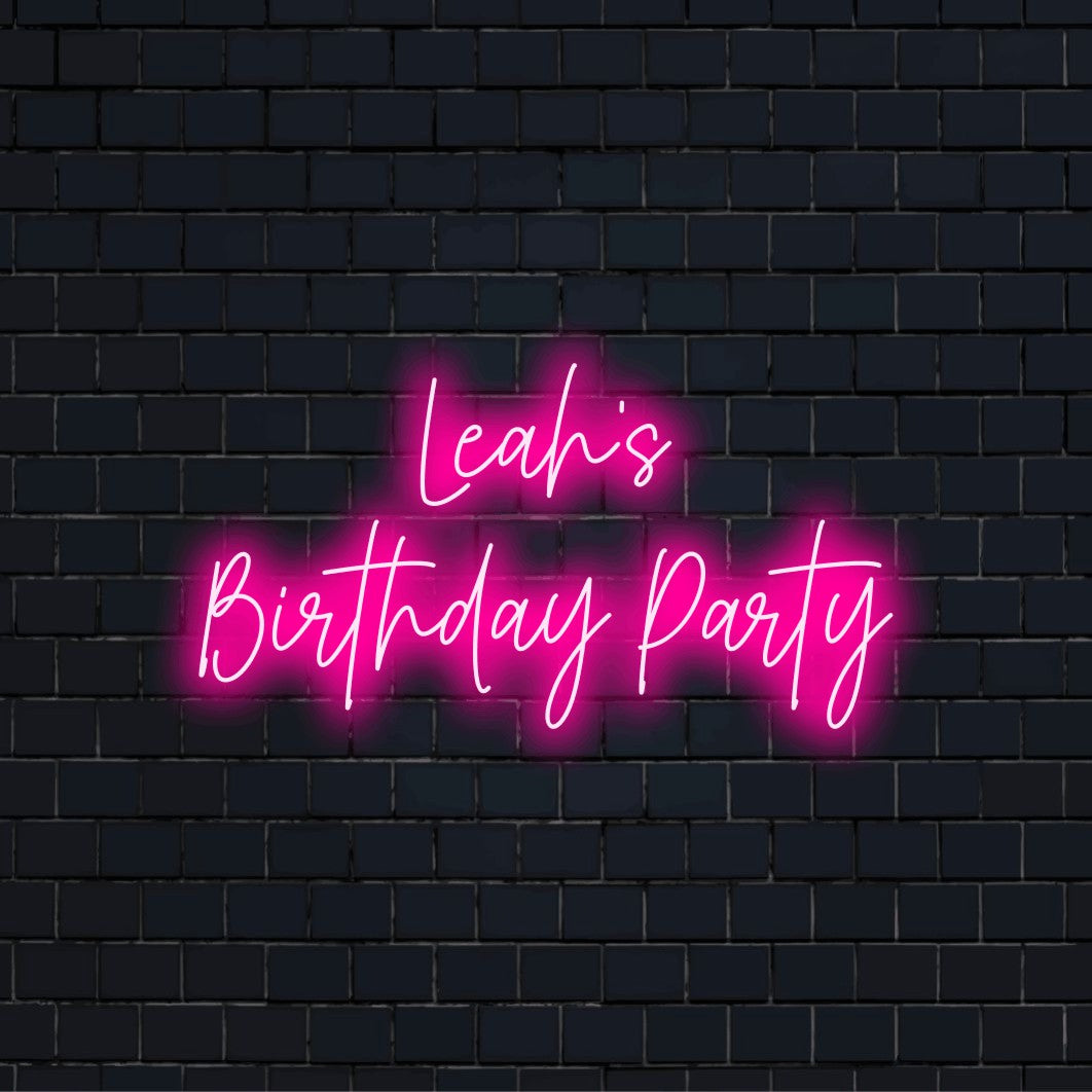 Leah_s Birthday Party Personalized LED Neon Sign, neon text light on black brick background