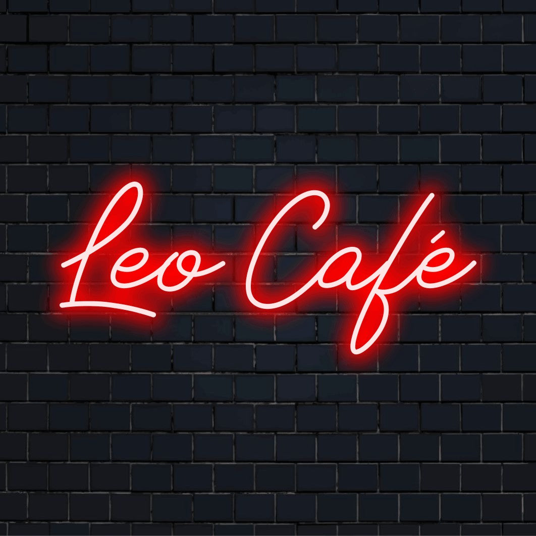 Leo Cafe Custom Name Neon Sign, bright LED glow on black brick background