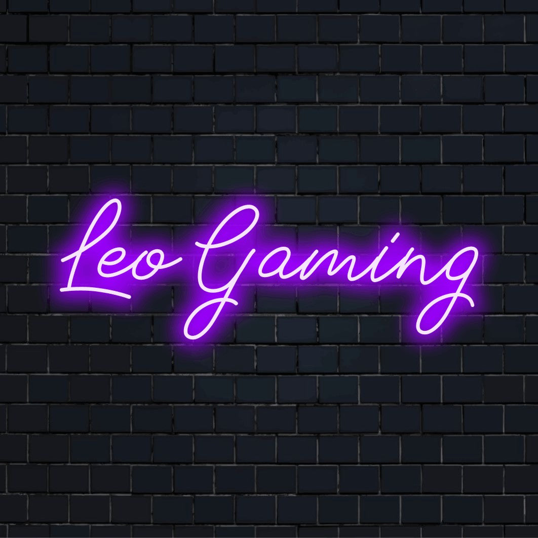 Leo Gaming Personalized Neon Light with glowing neon text on black brick background