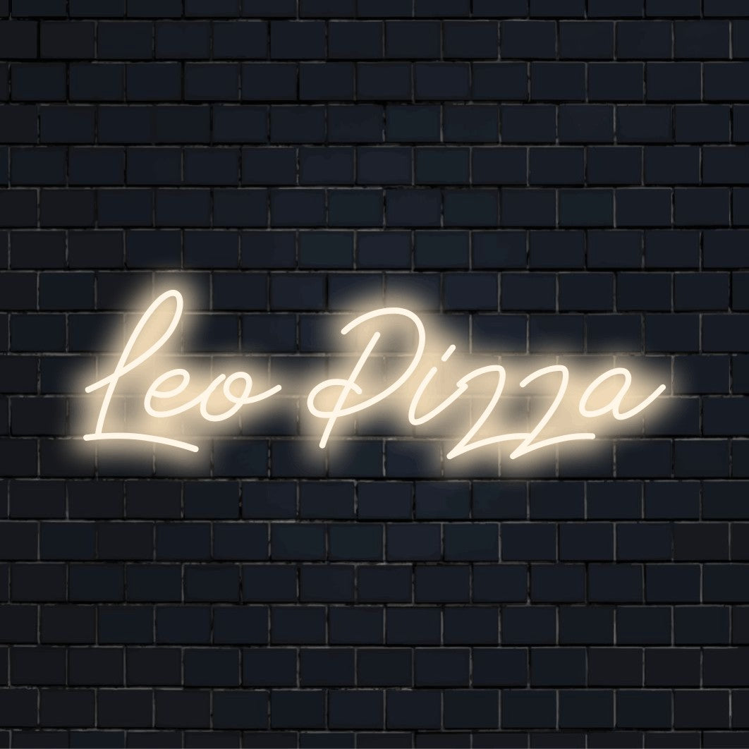 Leo Pizza Custom Name Neon Sign, glowing lettering on dark brick wall