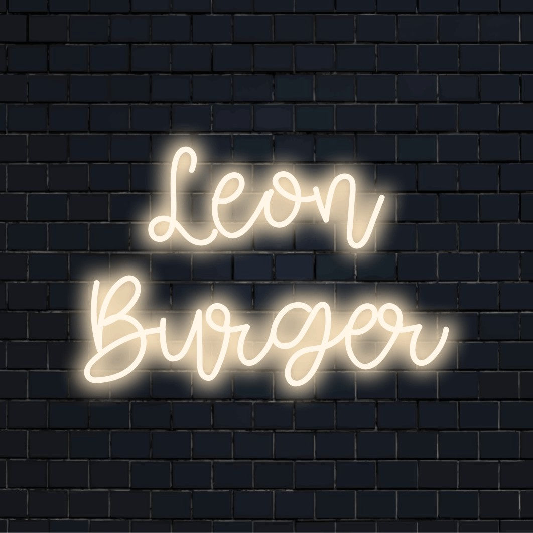 Leon Burger Personalized LED Neon Sign, glowing wall decor against brick backdrop
