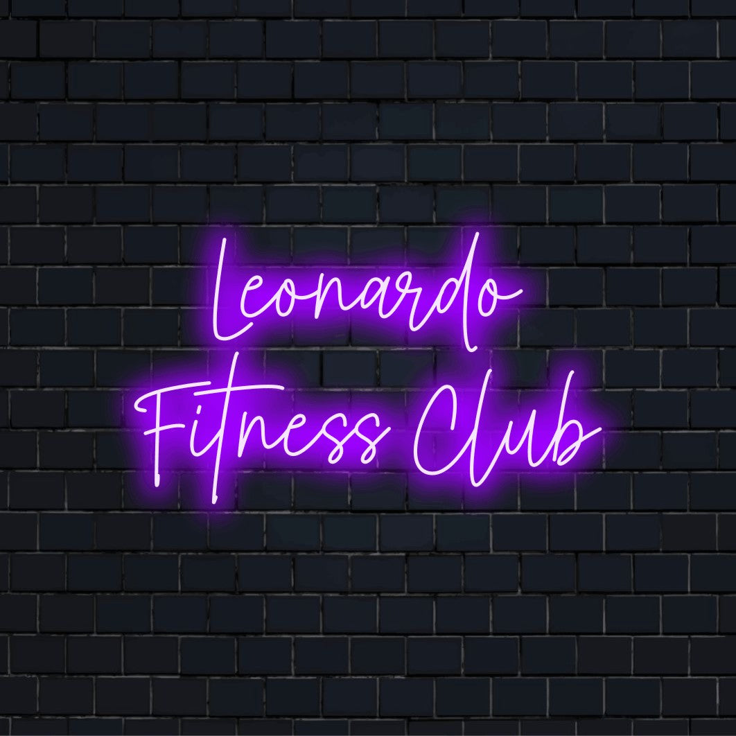 Leonardo Fitness Club Personalized Neon Light with bright neon glow on dark brick wall