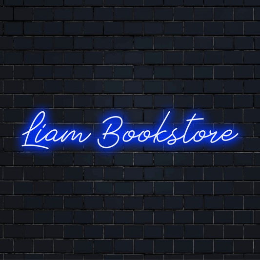 Liam Bookstore Personalized LED Neon Sign, glowing lettering on dark brick wall