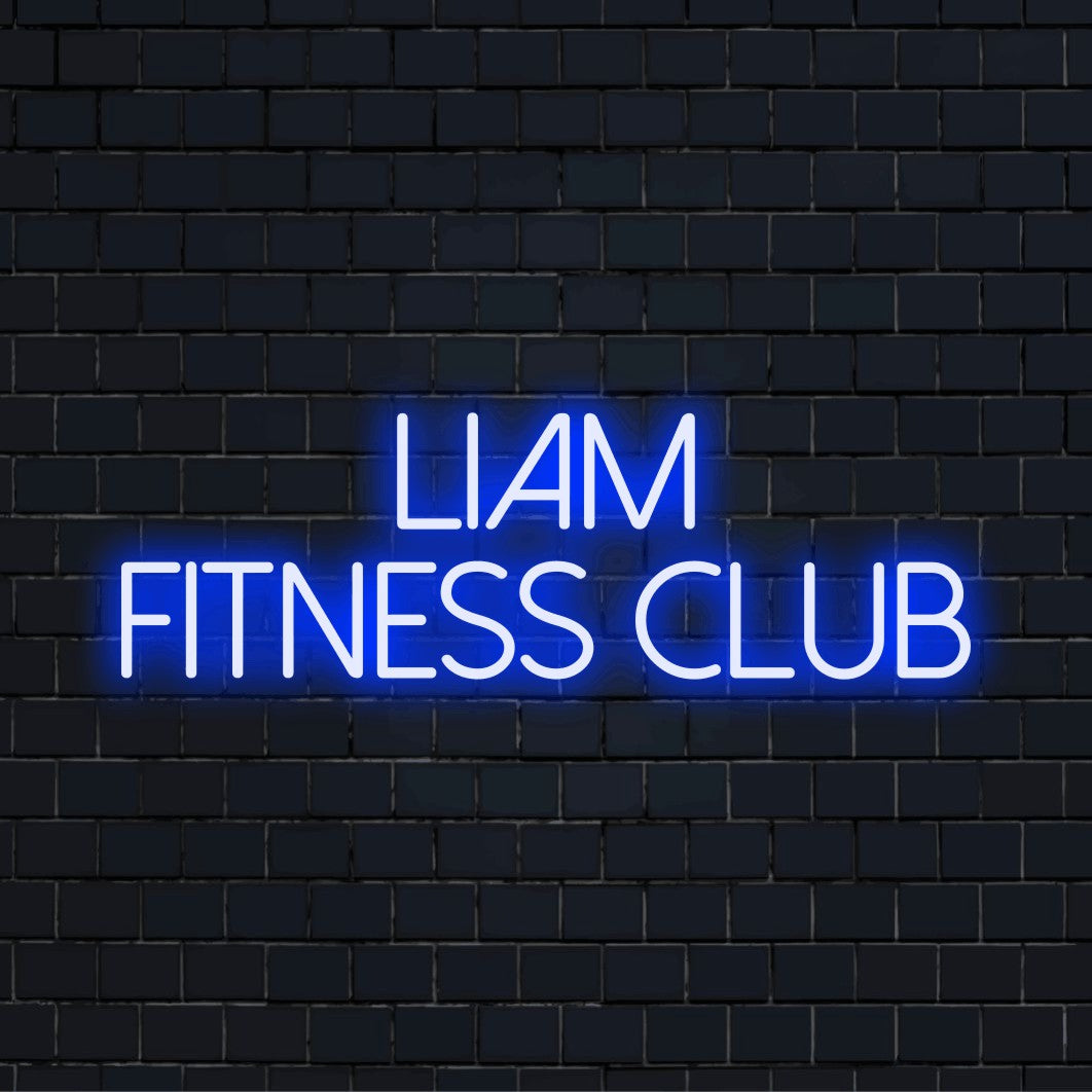 Liam Fitness Club Personalized Neon Light with glowing neon text on dark brick wall