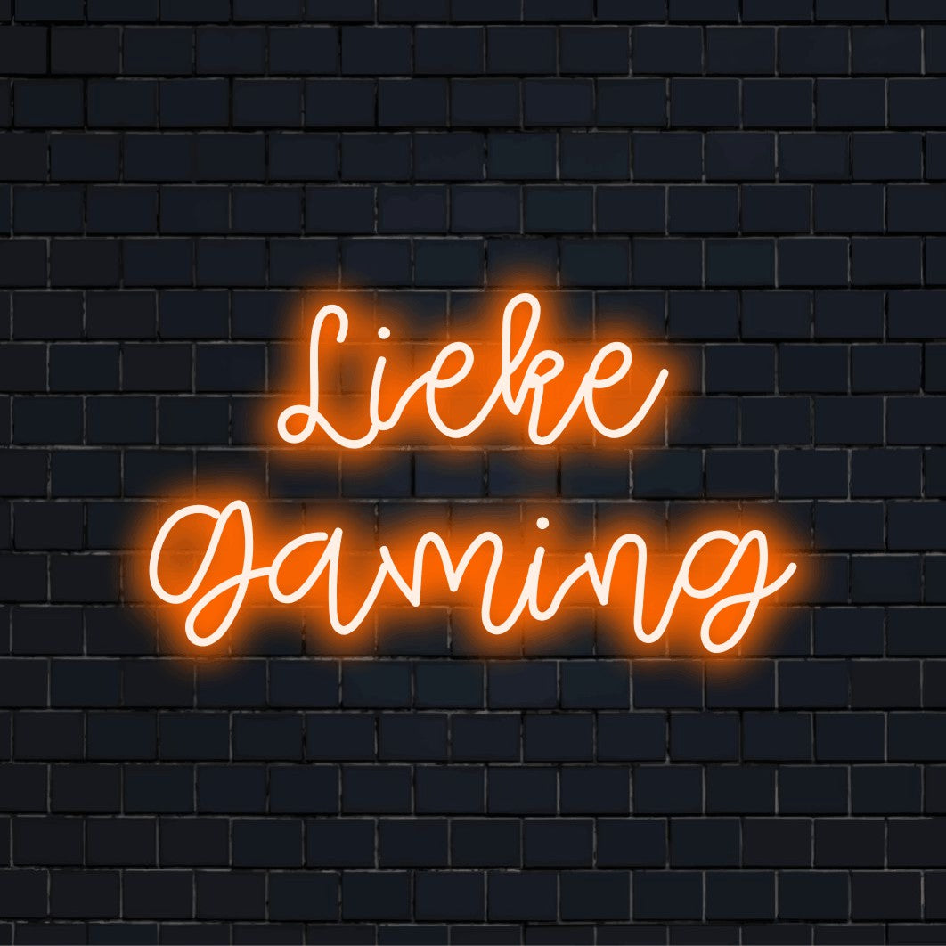 Lieke Gaming Custom Name Neon Sign, glowing neon text against black brick wall