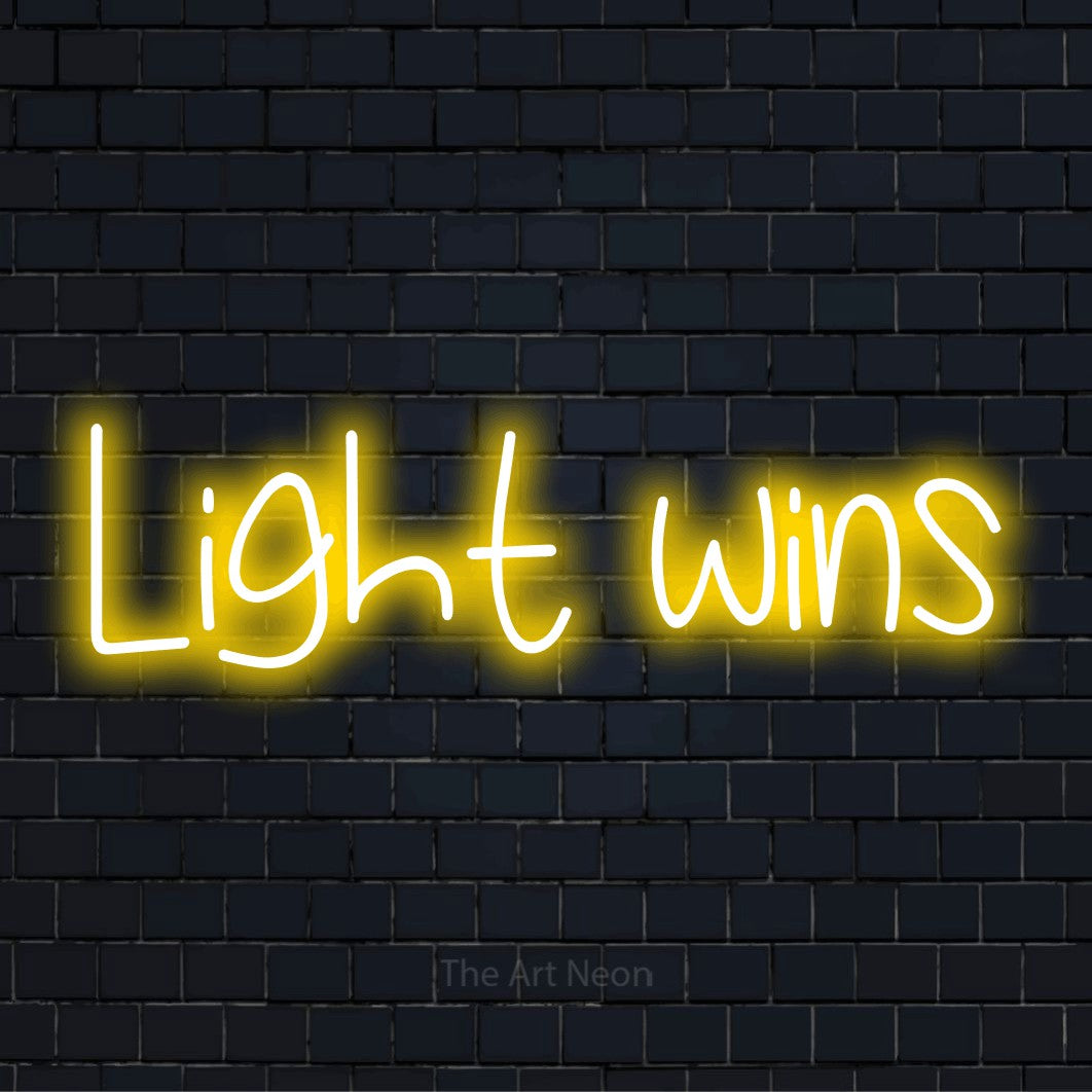 "Light Wins" text design with neon effect on a black brick wall