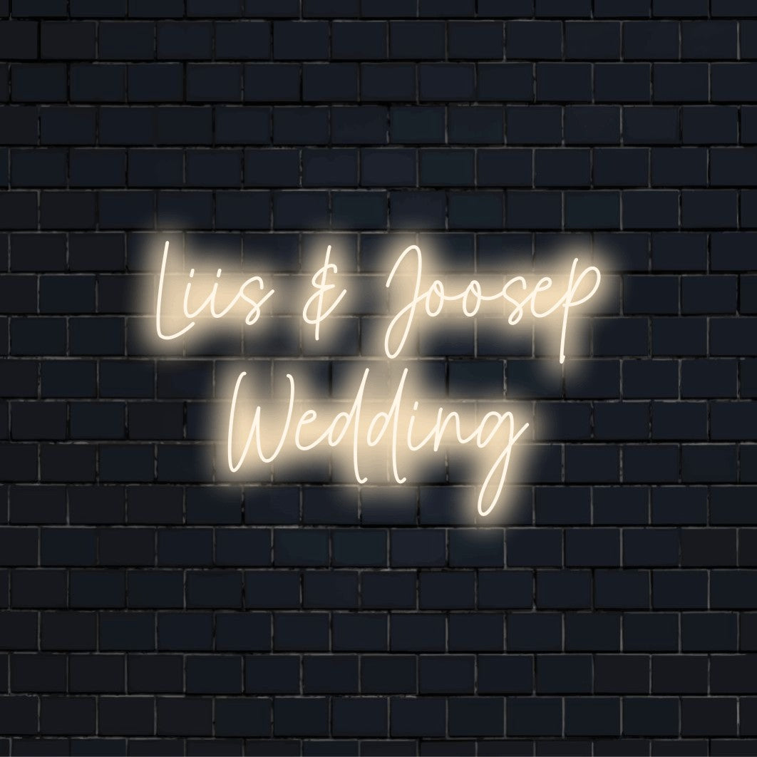 Liis _ Joosep Wedding Personalized Neon Light with bright neon glow on dark brick wall