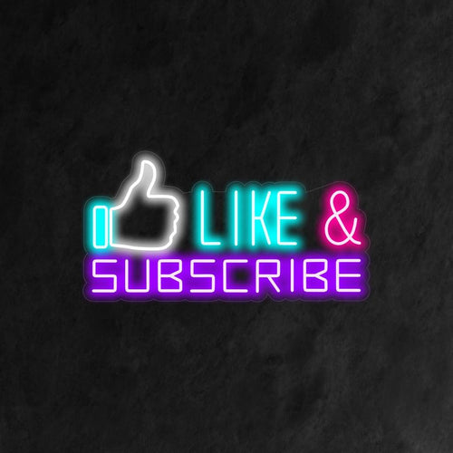 Een dynamisch neonbord met de woorden 'Vind ik leuk' en 'Abonneren', vergezeld van een handsymbool, dat staat voor betrokkenheid en steun in de wereld van sociale media.