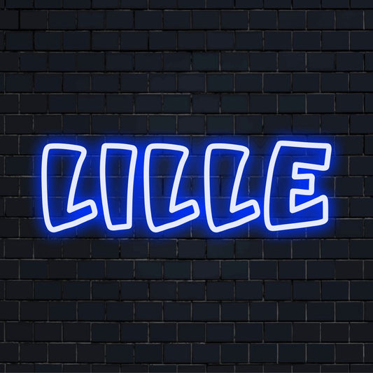 Lille Neon Sign, bright neon lettering against brick backdrop