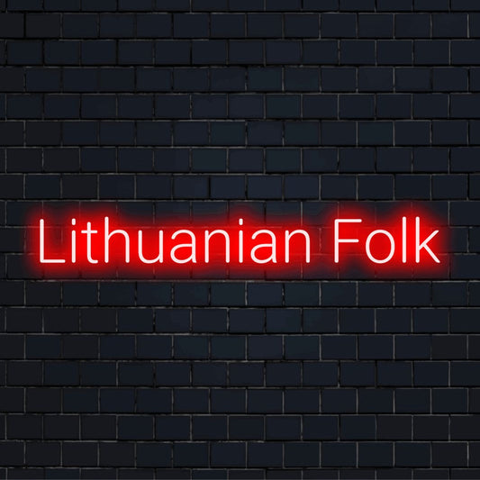 Lithuanian Folk Neon Light with bright neon lettering on dark brick wall