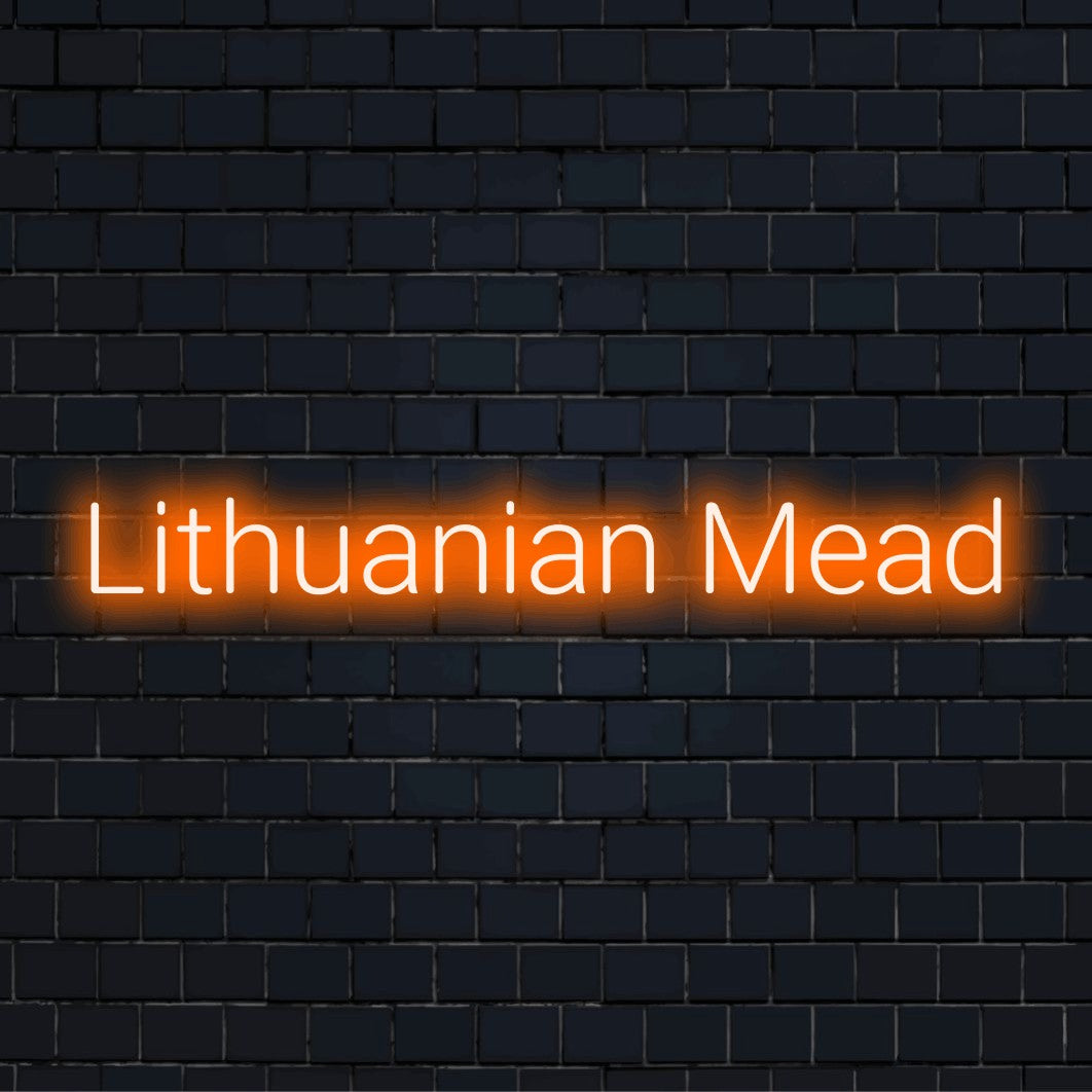 Lithuanian Mead LED Neon Sign, bright LED glow on dark brick background