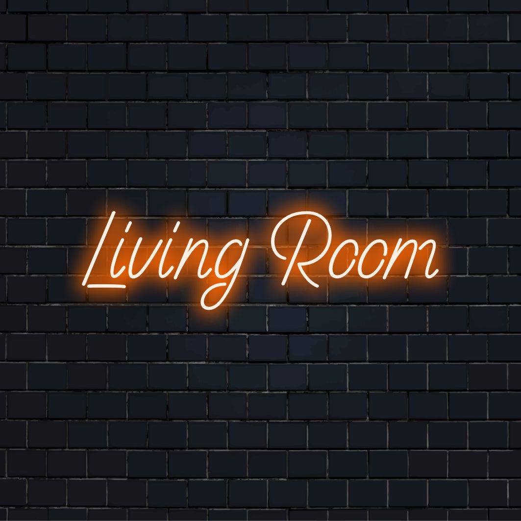 Living Room Neon Sign, glowing wall decor on dark brick wall