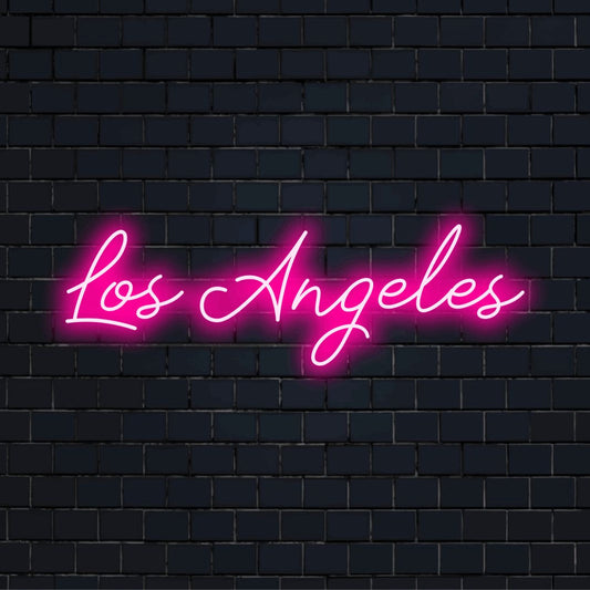 Los Angeles Neon Sign, glowing wall decor on dark brick background