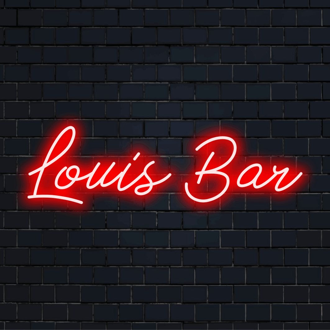 Louis Bar Custom Name Neon Sign, neon text light on dark brick wall
