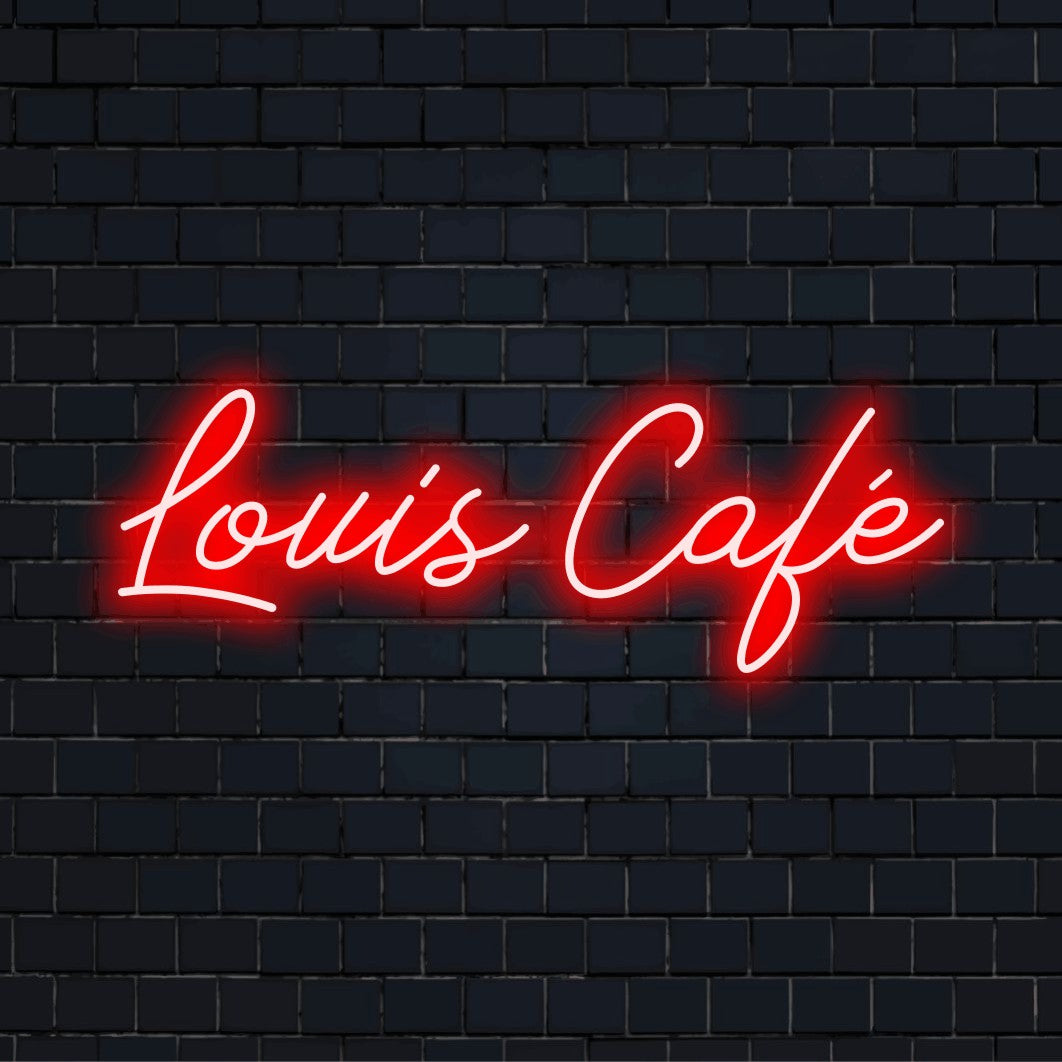 Louis Cafe Custom Name Neon Sign, soft neon glow on black brick background