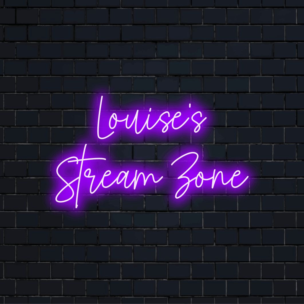 Louise_s Stream Zone Personalized LED Neon Sign, bright neon glow on dark brick background