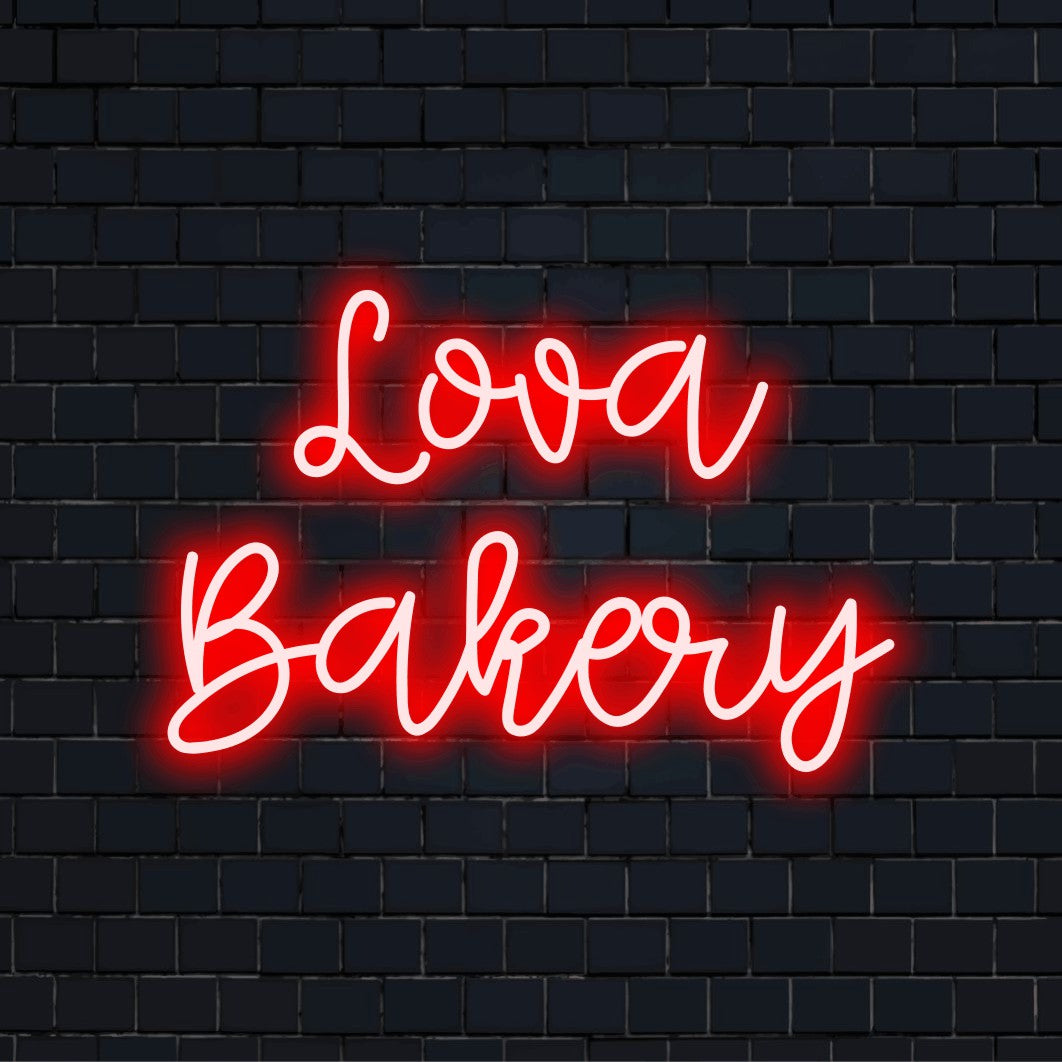 Lova Bakery Personalized LED Neon Sign, bright neon glow on dark brick background