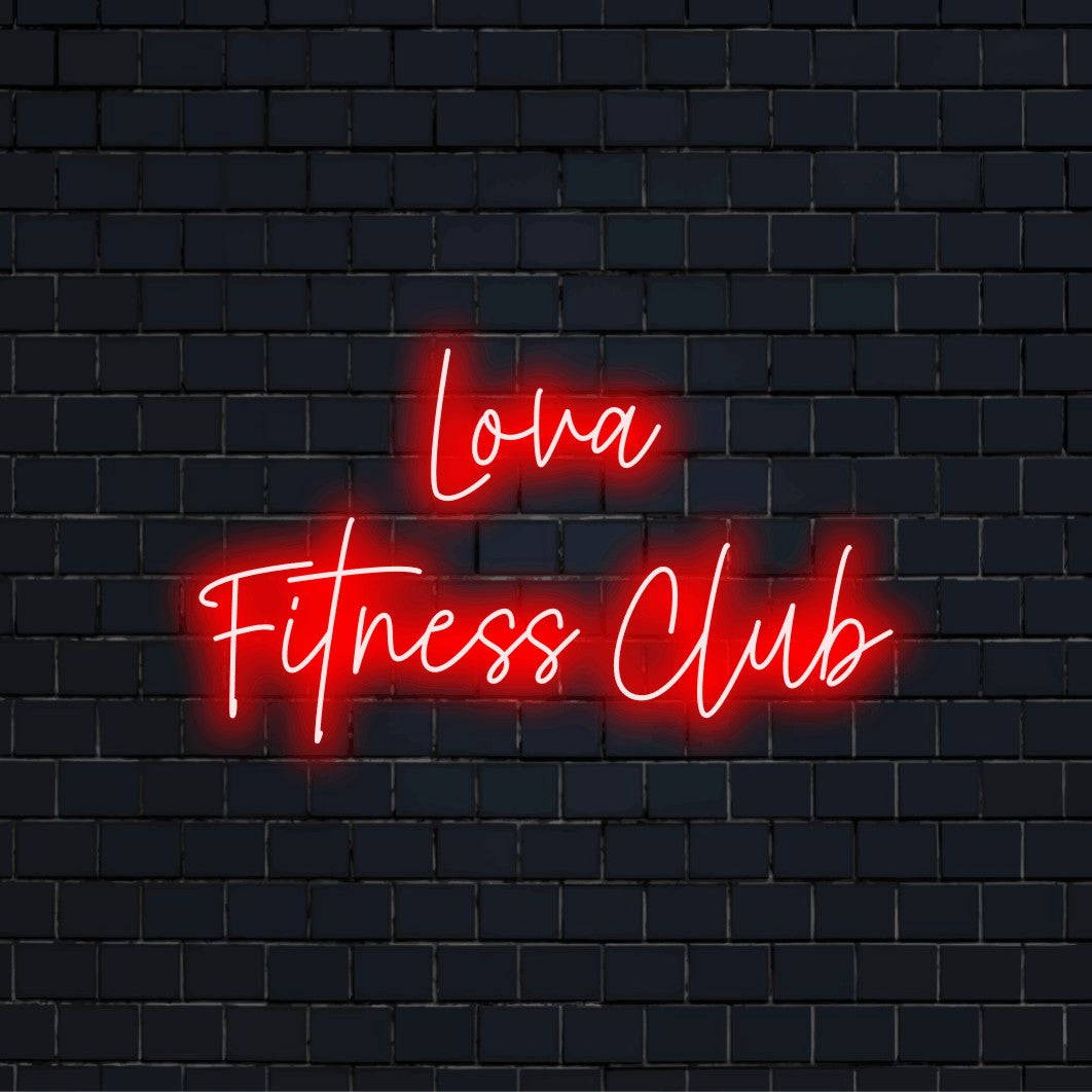 Lova Fitness Club Custom Name Neon Sign, soft neon glow against black brick wall