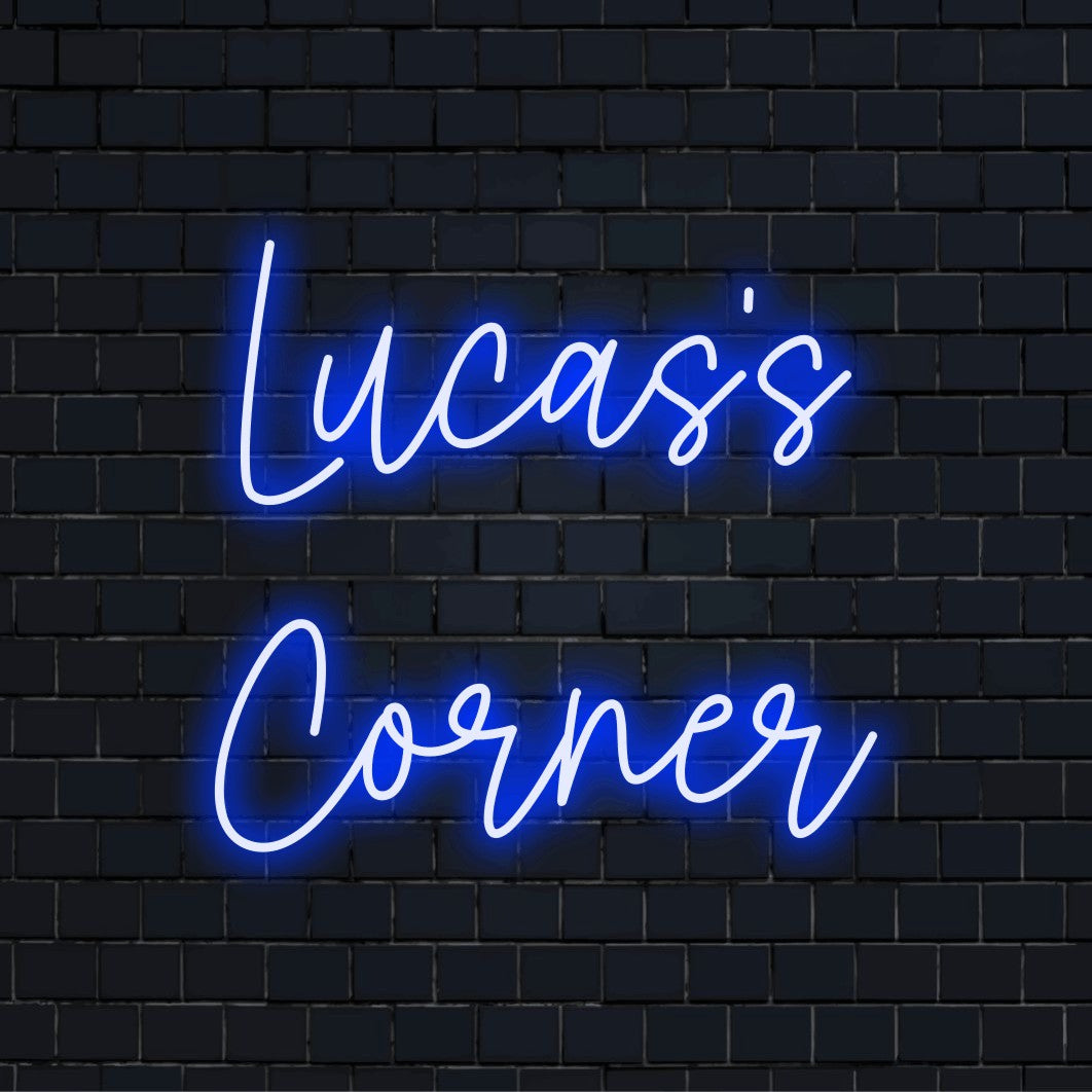 Lucas_s Corner Personalized Neon Light with glowing neon text on dark brick wall