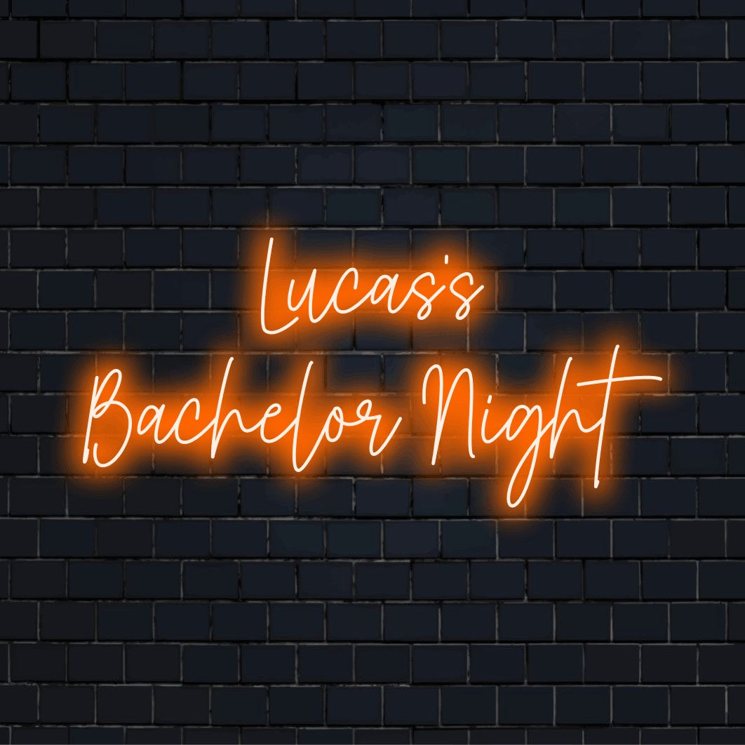 Lucas_s Bachelor Night Personalized LED Neon Sign, bright neon lettering on dark brick background