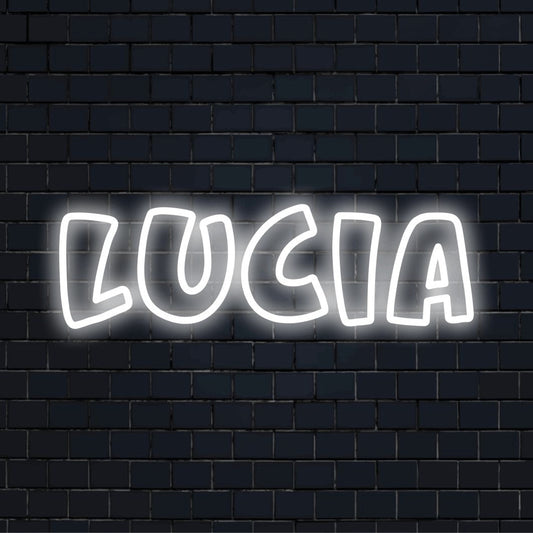 Lucia Neon Sign, neon text light against brick backdrop