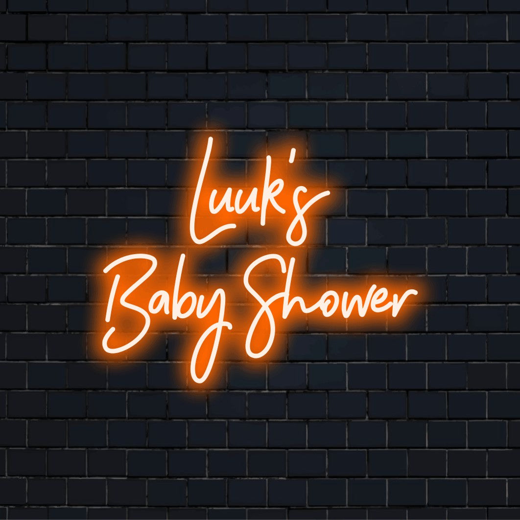 Luuk_s Baby Shower Personalized LED Neon Sign, neon text light on dark brick wall