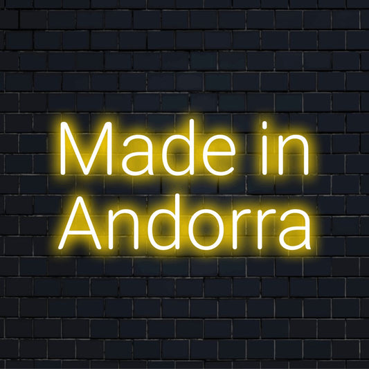 Made In Andorra Neon Light with neon text light on dark brick background