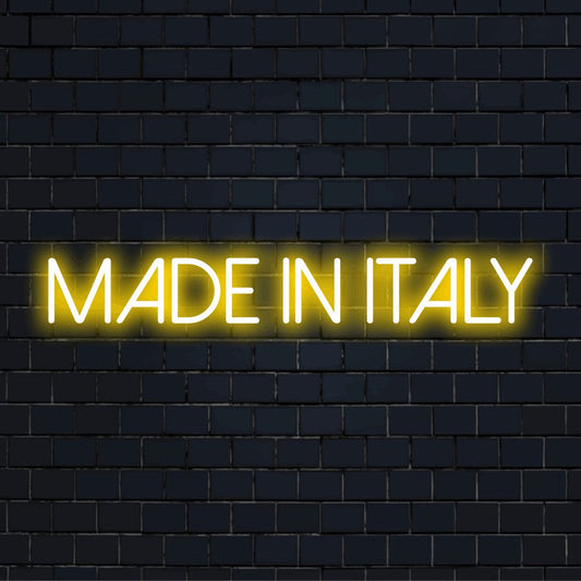 Made In Italy Neon Sign, bright neon glow against brick backdrop