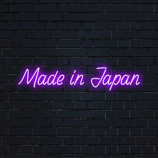 Made In Japan LED Neon Sign, glowing wall decor on dark brick wall