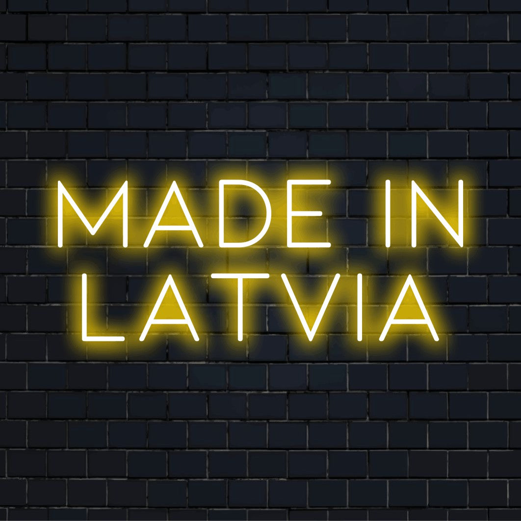 Made In Latvia LED Neon Sign, bright LED glow against brick backdrop