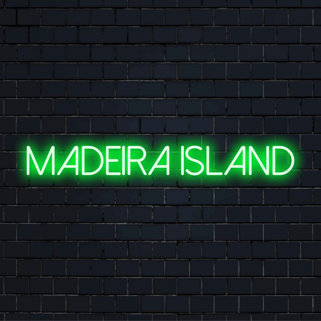 Madeira Island Neon Sign, bright neon glow against black brick wall