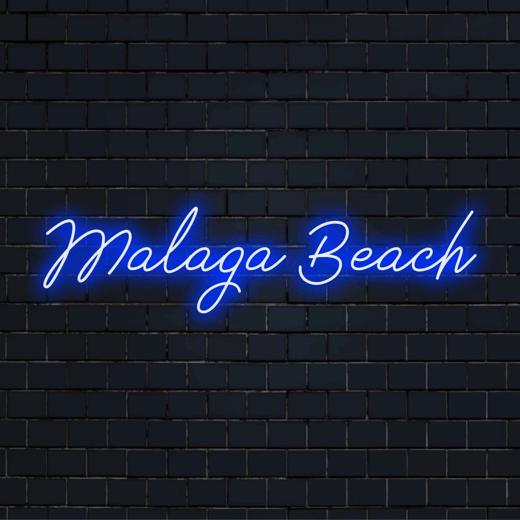 Malaga Beach LED Neon Sign, bright neon glow on dark brick wall