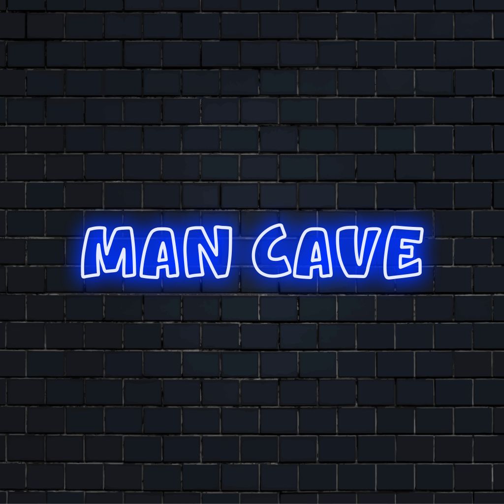 Man Cave LED Neon Sign, bright neon lettering on dark brick background
