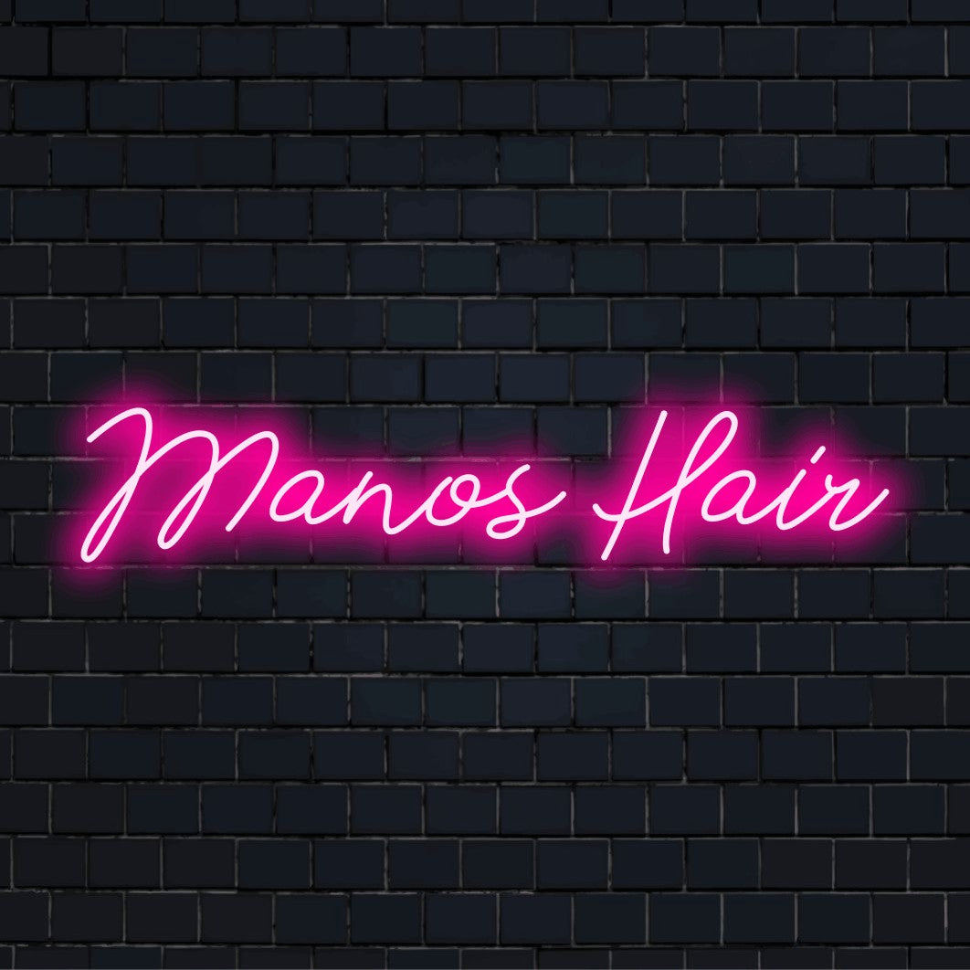 Manos Hair Personalized LED Neon Sign, bright neon lettering on dark brick background