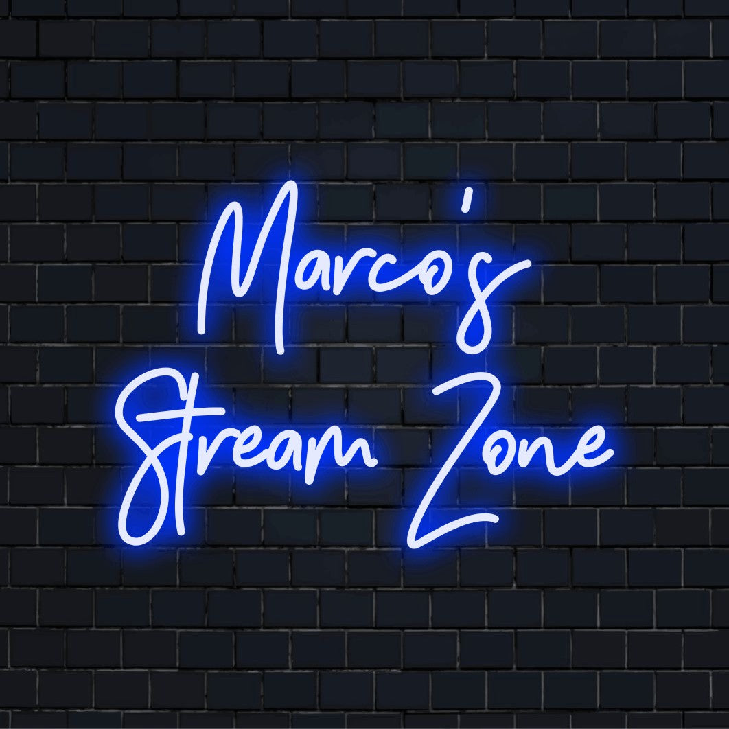 Marco_s Stream Zone Custom Name Neon Sign, glowing wall decor against black brick wall