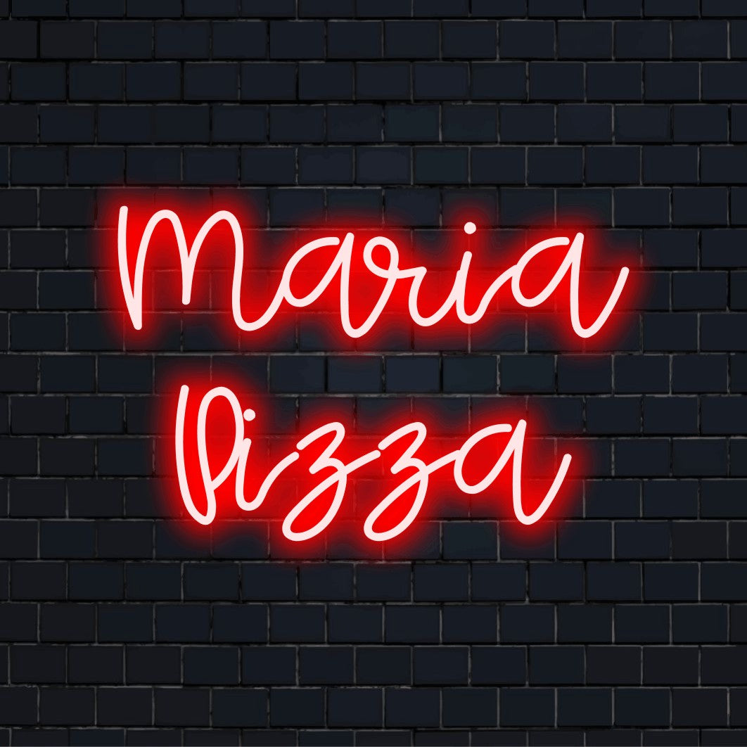 Maria Pizza Personalized Neon Light with bright neon glow against brick backdrop