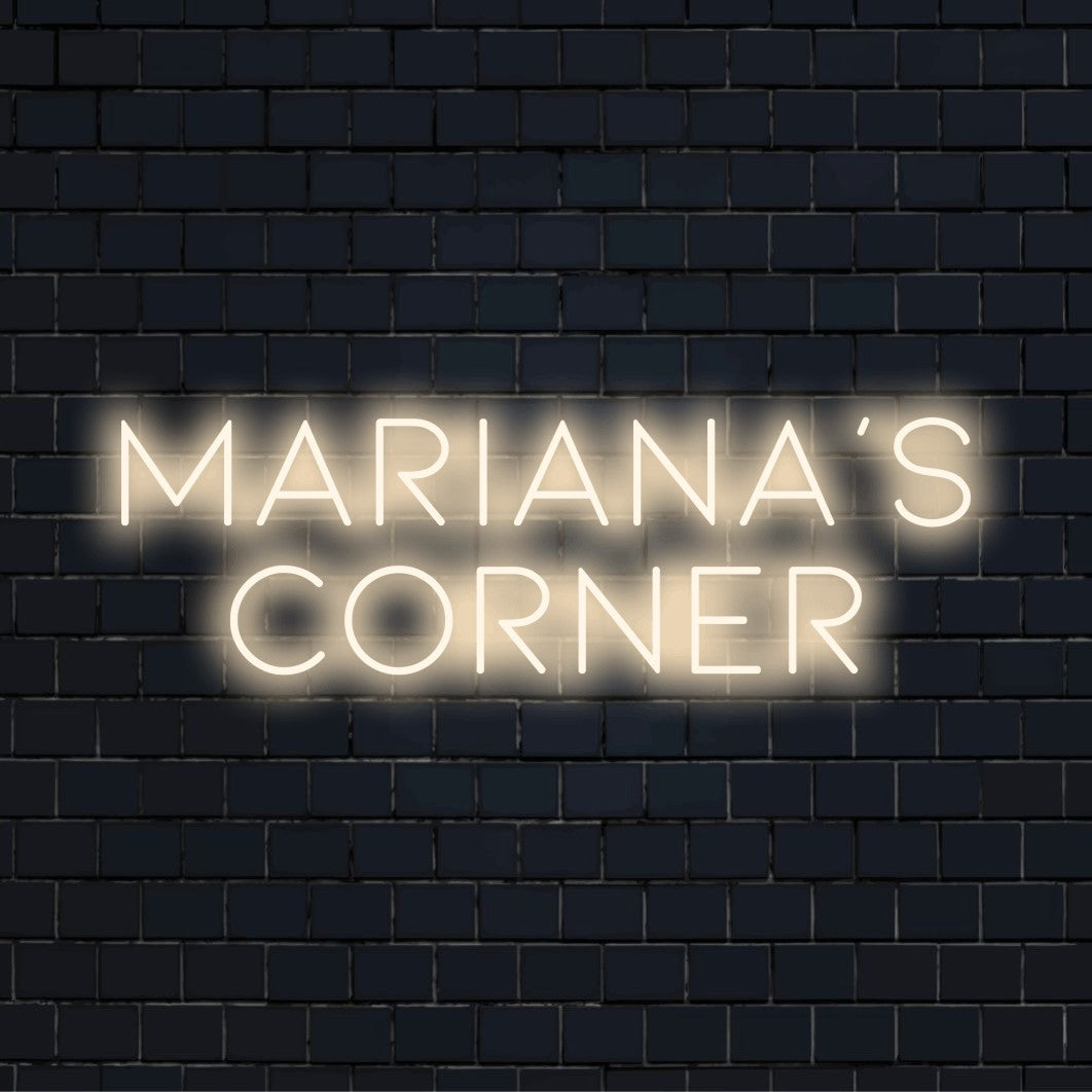 Mariana_s Corner Personalized Neon Light with neon text light on dark brick background