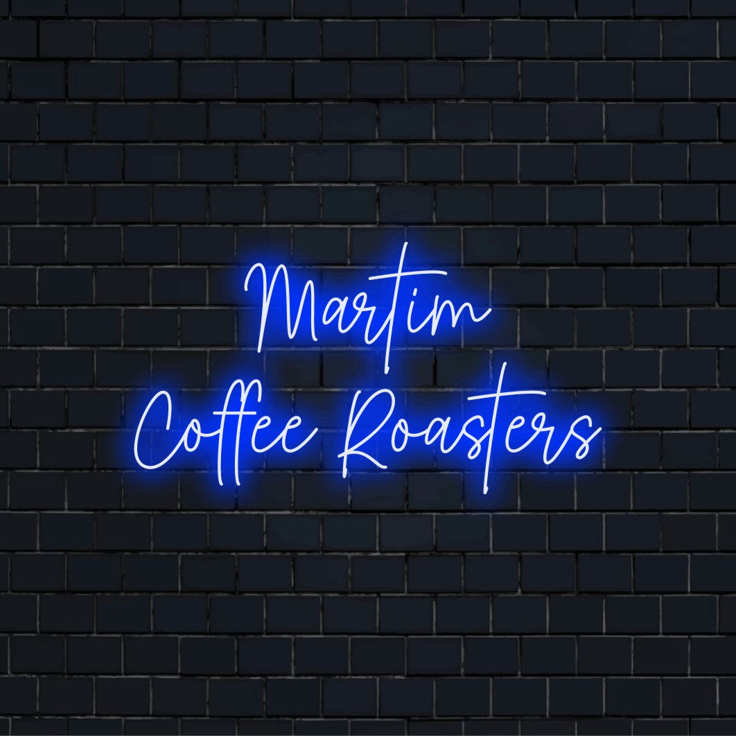 Martim Coffee Roasters Custom Name Neon Sign, glowing wall decor on dark brick background