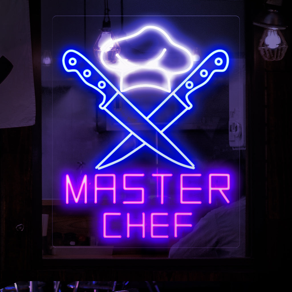 Een betoverende neonreclame met een meesterkok die met zijn levendige en dynamische licht een vleugje culinaire inspiratie toevoegt aan elke ruimte. Perfect voor culinaire liefhebbers en een interieur met een foodthema.
