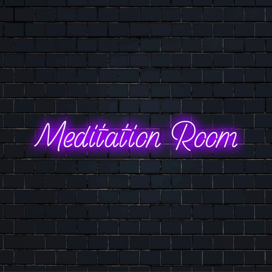 Meditation Room Neon Light with bright LED glow on dark brick wall