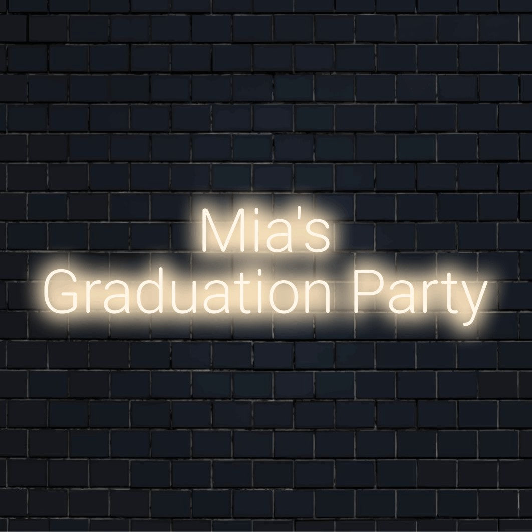 Mia_s Graduation Party Custom Name Neon Sign, bright LED glow on black brick background