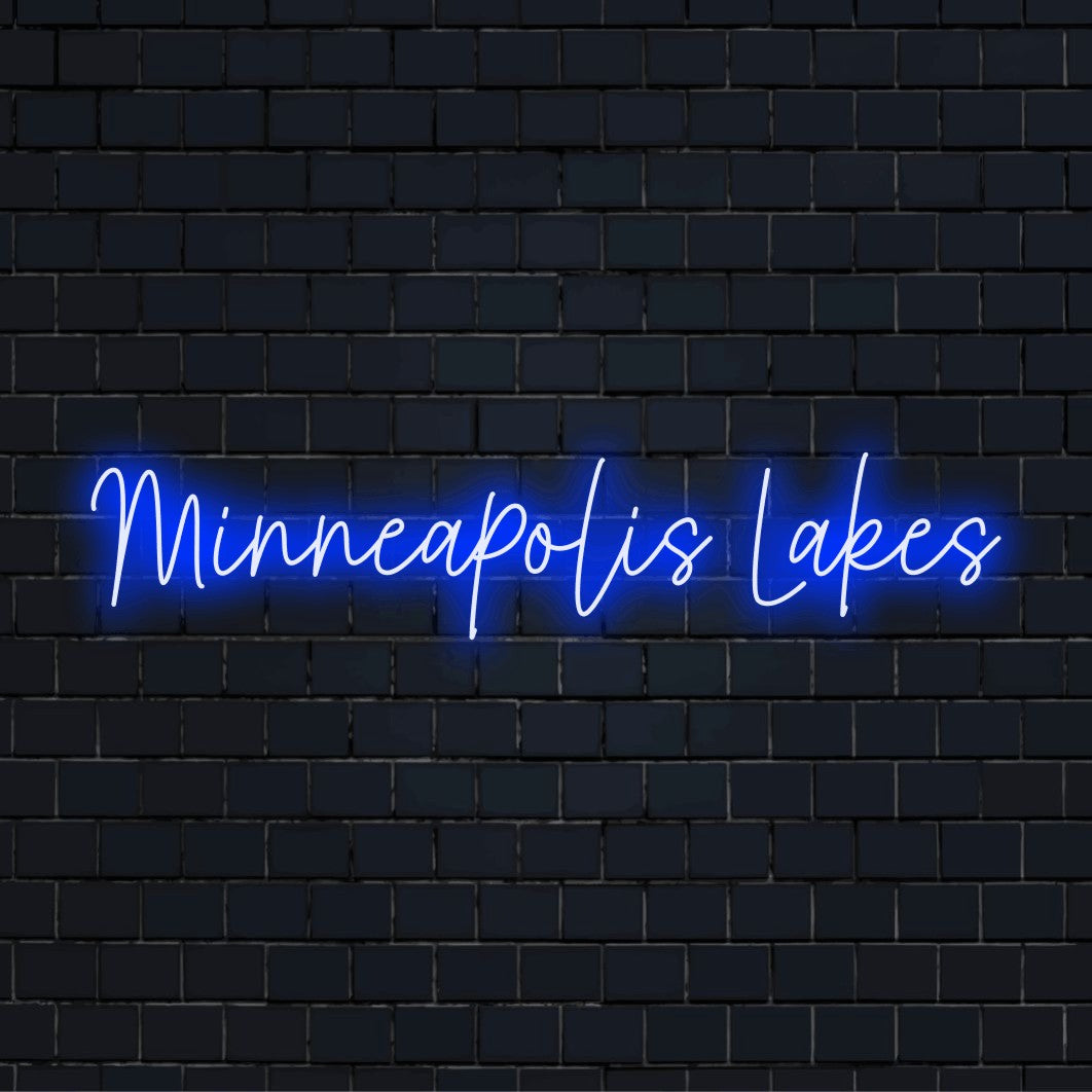 Minneapolis Lakes Neon Sign, soft neon glow on dark brick background