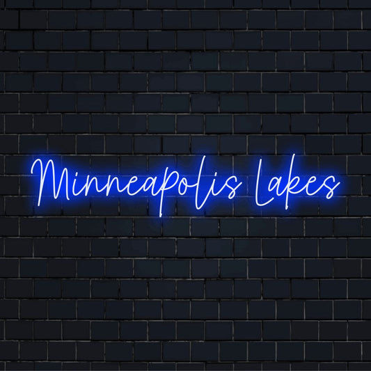 Minneapolis Lakes Neon Sign, soft neon glow on dark brick background