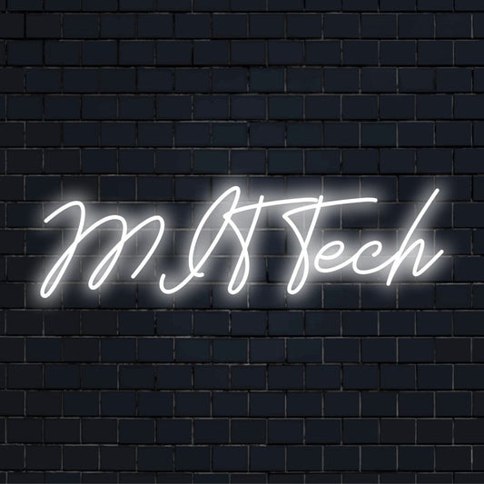 Mit Tech Neon Sign, glowing neon text on black brick background