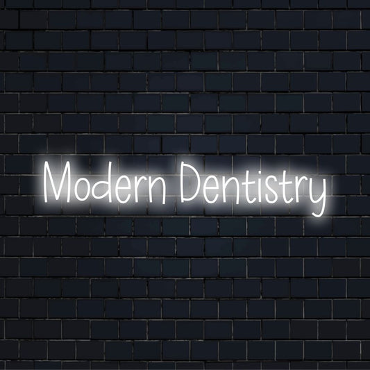 Modern Dentistry Neon Sign, bright LED glow against black brick wall